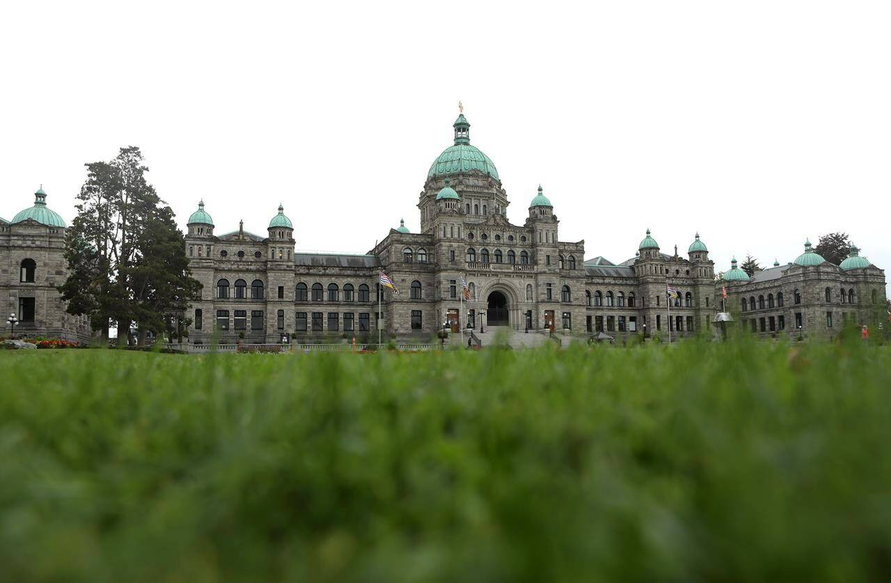 The legislature building is photographed in Victoria, B.C., on Monday, Sept. 25, 2023. British Columbia politicians are back in the legislature for the fall session, and the seating arrangement looks a little different. THE CANADIAN PRESS/Chad Hipolito