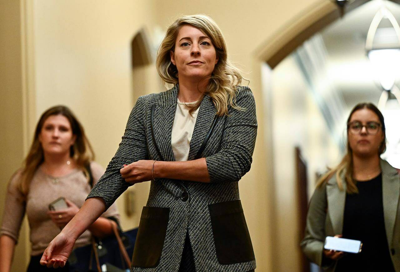 Minister of Foreign Affairs Melanie Joly arrives for a meeting of the federal cabinet on Parliament Hill in Ottawa, on Tuesday, Oct. 3, 2023. THE CANADIAN PRESS/Justin Tang
