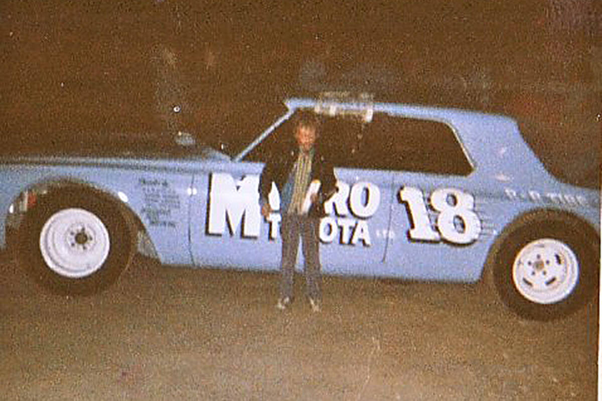 The author and Rick O’Dell’s famous baby blue Plymouth back in the day at Western Speedway. (Wolf family photo)