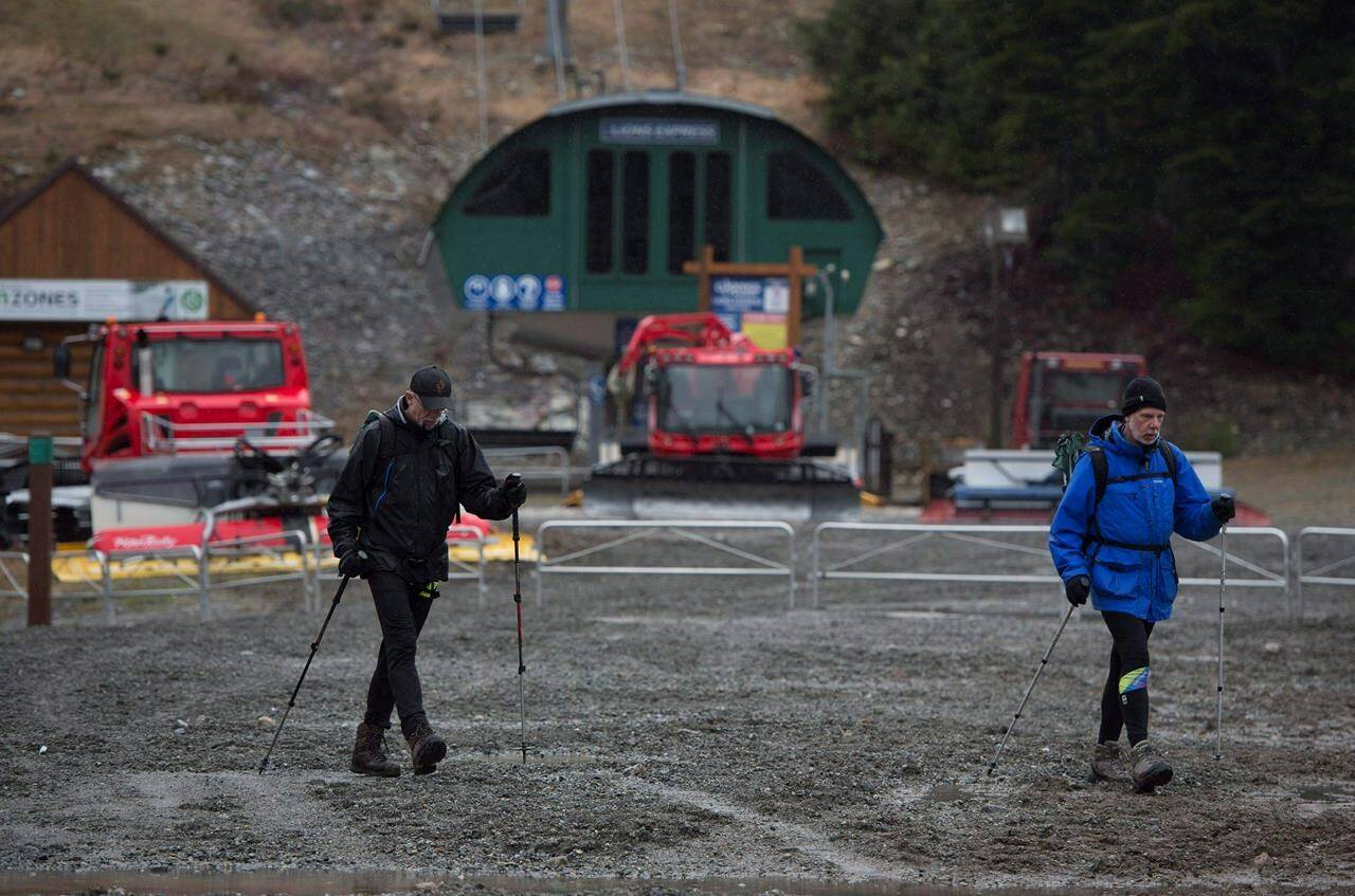An industrial accident at the Cypress Mountain Resort in West Vancouver has killed one person. Snow groomers and a closed chairlift are pictured behind two hikers at Cypress Mountain in West Vancouver, B.C. Monday, Feb. 9, 2015. THE CANADIAN PRESS/Jonathan Hayward
