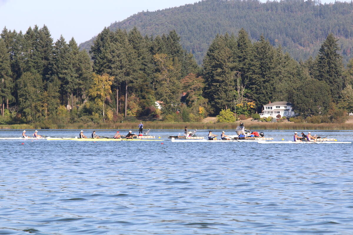 Racers push off from the start line, competing in the men’s pair during a qualifying race on Friday morning on Quamichan Lake. The 2023 Canadian National Rowing Championships were being held on the lake over the weekend. (Sarah Simpson/Citizen)