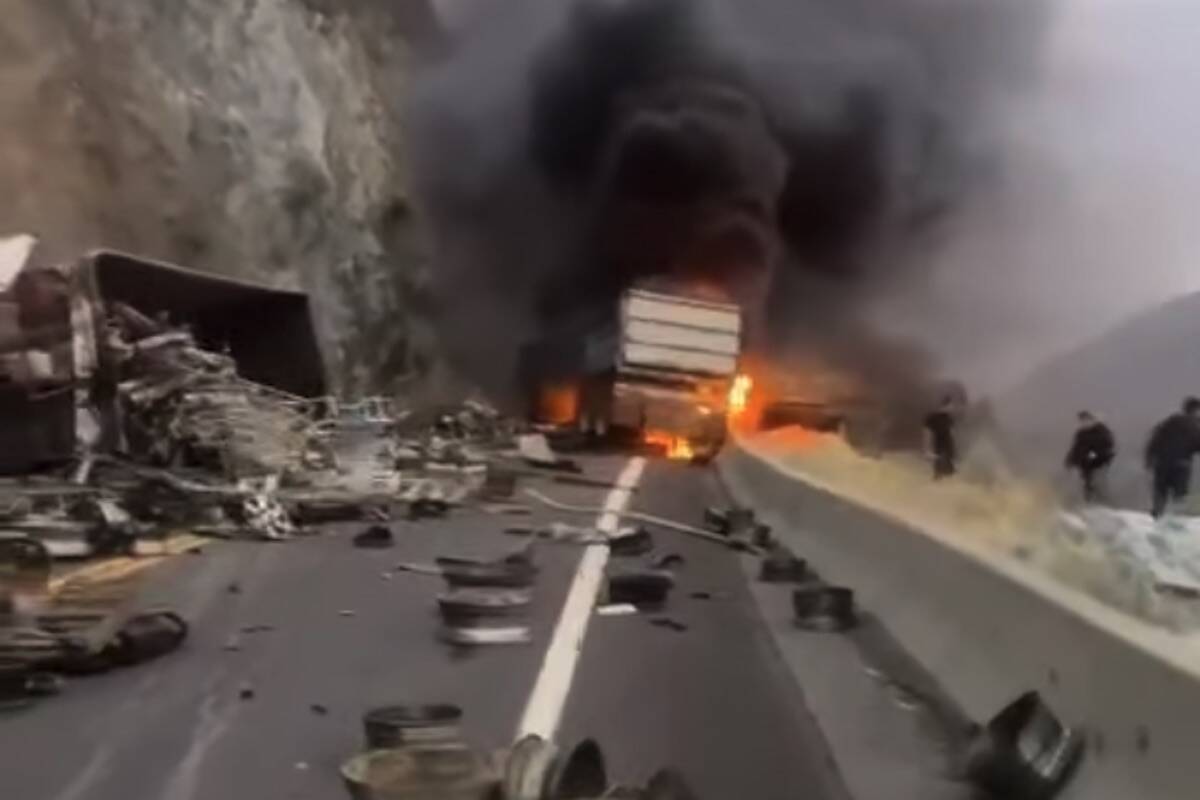 Screenshot from a video of a crash on Highway 1 posted to Facebook by the Skilled Truckers Canada. (Facebook/Skilled Truckers Canada)