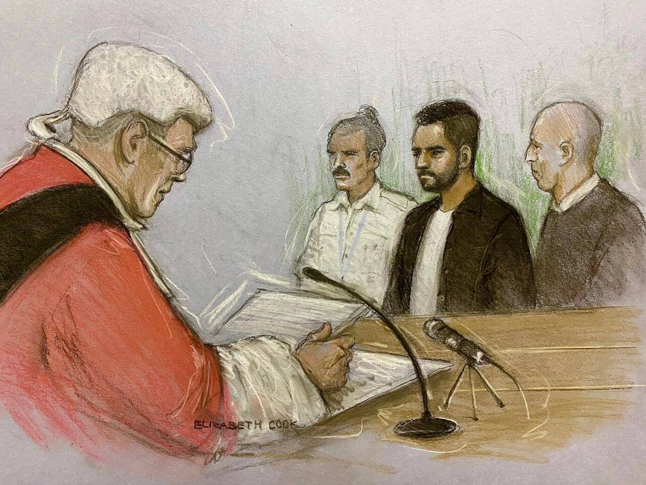 This court artist drawing by Elizabeth Cook shows Jaswant Singh Chail at the Old Bailey, London, Thursday, Oct. 5, 2023. A Star Wars-obsessed man who says he was encouraged by a chatbot girlfriend to slay Queen Elizabeth II has been sentenced to nine years in prison for taking his plot to Windsor Castle. Jaswant Singh Chail was arrested on the grounds of the castle with a loaded crossbow on Christmas Day 2021. (Elizabeth Cook/PA via AP)