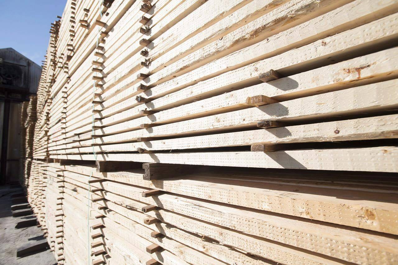 A stack of lumber is pictured in Merritt, B.C., Tuesday, May 2, 2017. Officials in Ottawa and British Columbia have welcomed a ruling under the North American Free Trade Agreement, saying a panel found elements of the United States’ calculation of softwood lumber duties are inconsistent with its own law. THE CANADIAN PRESS/Jonathan Hayward