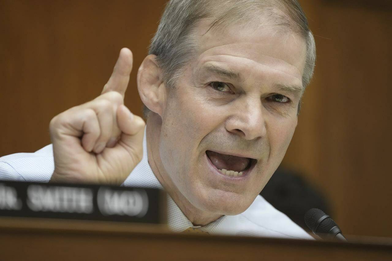 Rep. Jim Jordan, R-Ohio, speaks during the House Oversight Committee impeachment inquiry hearing into President Joe Biden, Thursday, Sept. 28, 2023, on Capitol Hill in Washington. Prime Minister Justin Trudeau says the leadership chaos gripping Capitol Hill will have no impact on Canada’s ongoing support for Ukraine. THE CANADIAN PRESS/AP-Jacquelyn Martin