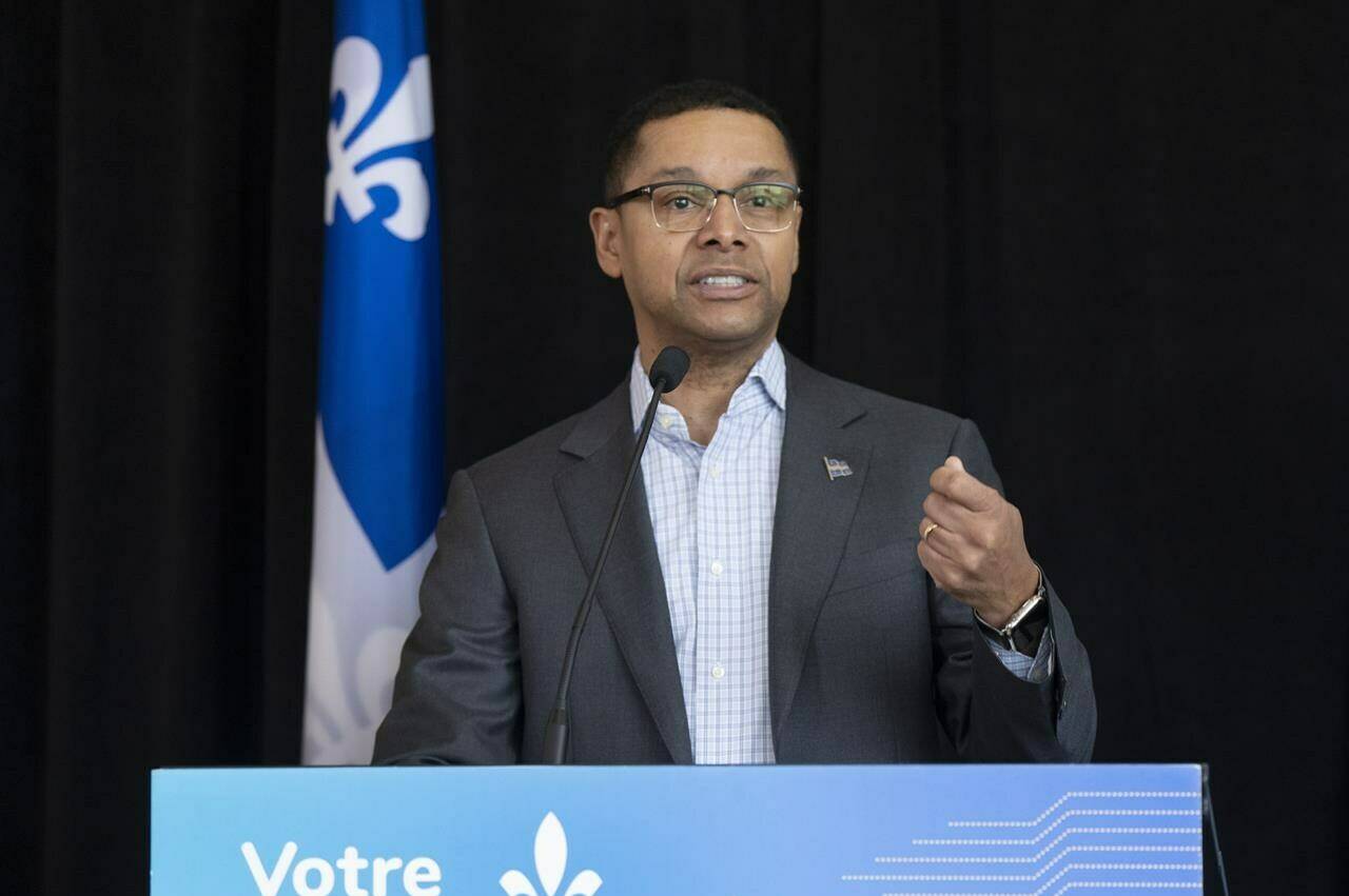 Quebec Social Services Minister Lionel Carmant speaks during a news conference, Wednesday, April 12, 2023, in Montreal. The Quebec government has introduced a bill that would allow it to join a class-action lawsuit against more than 40 pharmaceutical companies accused of downplaying the harmful effects of opioids. THE CANADIAN PRESS/Ryan Remiorz