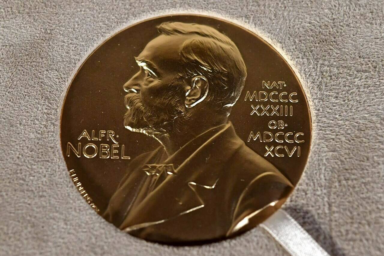 FILE - A Nobel Prize medal is displayed during a ceremony in New York on Tuesday, Dec. 8, 2020. The Nobel Prize winners of 2023 will be announced throughout the weeks of Oct. 2 and 9. (Angela Weiss/Pool Photo via AP, File)