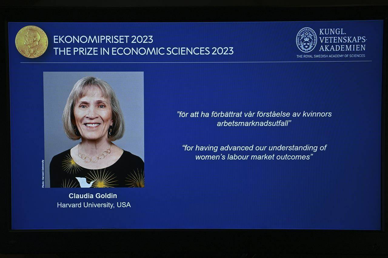 A view of the screen with a photo of the winner of the Nobel Prize in Economics, in Stockholm, Monday, Oct. 9, 2023. The Nobel economics prize has been awarded to Claudia Goldin, a professor at Harvard University, for advancing understanding of women’s labor market outcomes. Hans Ellegren, secretary-general of the Royal Swedish Academy of Sciences, announced the award Monday in Stockholm. (Claudio Bresciani /TT News Agency via AP)