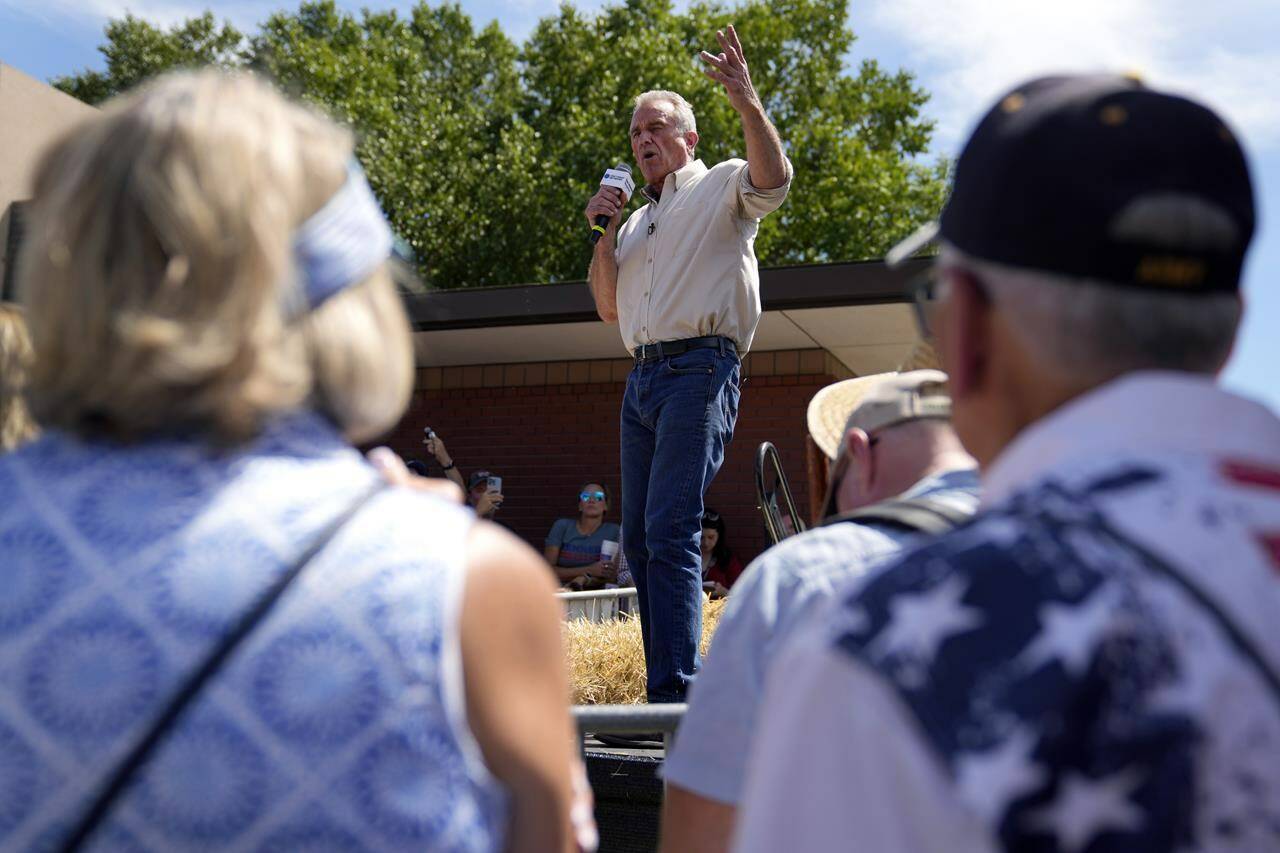 FILE - Robert F. Kennedy Jr., speaks during The Des Moines Register Political Soapbox at the Iowa State Fair, Saturday, Aug. 12, 2023, in Des Moines, Iowa. (AP Photo/Jeff Roberson, File)