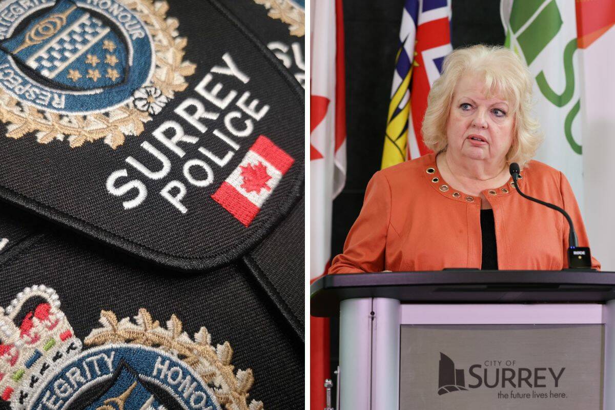 Surrey Police patch from Twitter Mayor Brenda Locke file photo by Anna Burns