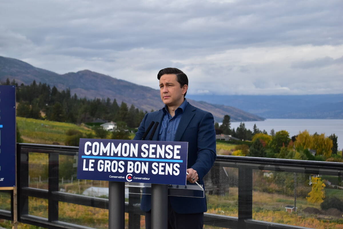 Conservative Leader Pierre Poilievre takes questions from the media during a visit to Summerhill Pyramid Winery in Kelowna on Oct. 11, 2023. (Gary Barnes/Capital News)