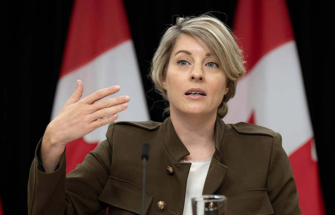 Minister of Foreign Affairs Mélanie Joly speaks during a news conference concerning the situation in Israel, Wednesday, October 11, 2023 in Ottawa. THE CANADIAN PRESS/Adrian Wyld