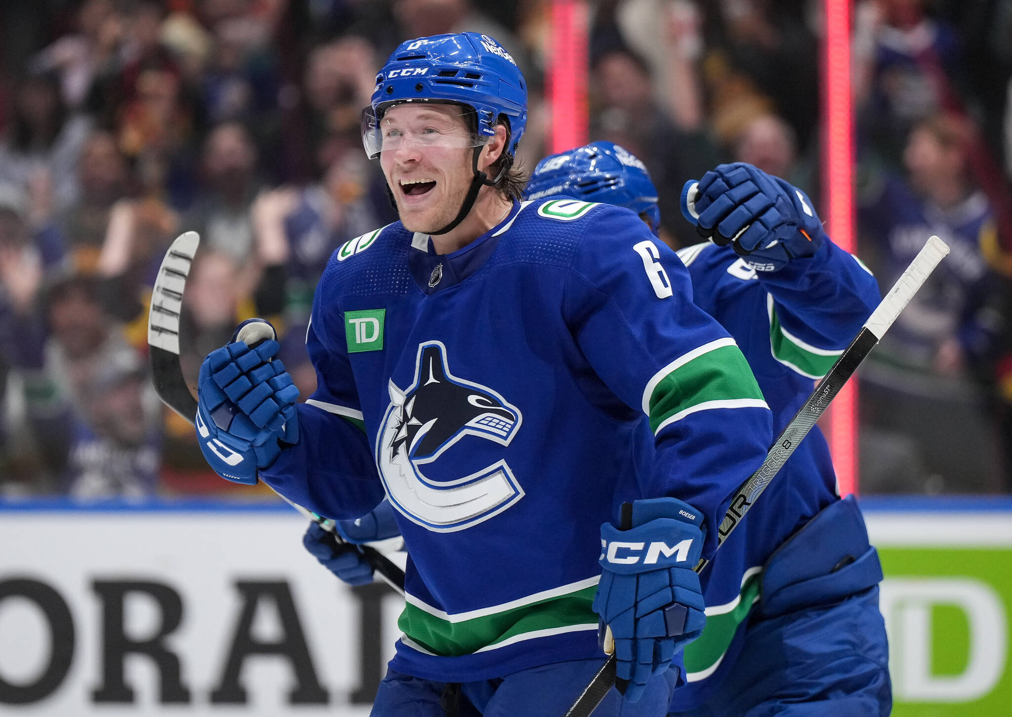 Vancouver Canucks’ Brock Boeser celebrates his third goal against the Edmonton Oilers, during the second period of an NHL hockey game in Vancouver, on Wednesday, October 11, 2023. THE CANADIAN PRESS/Darryl Dyck