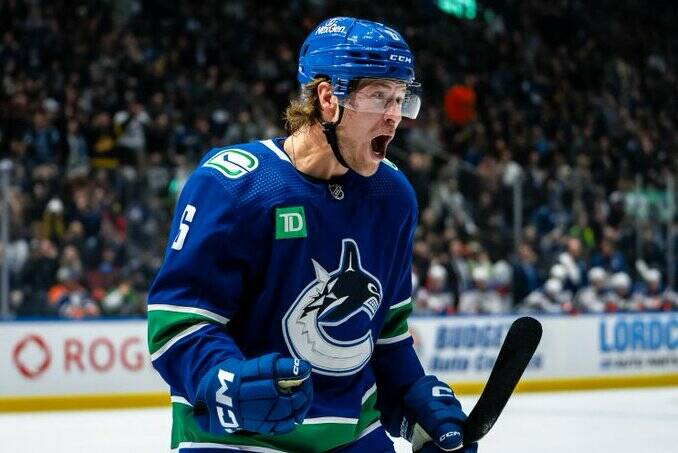 Brock Boeser celebrates the first of four goals on the night as the Vancouver Canucks defeat the Edmonton Oilers 8-1 at Rogers Arena in Vancouver on Wednesday. (courtesy of Vancouver Canucks)