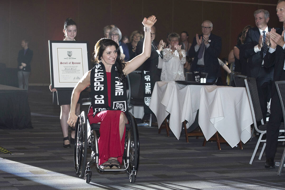 Parksville’s Michelle Stilwell, world record-holder and winner of six gold medals in the Paralympics, seen here being inducted to the B.C. Sports Hall of Fame in 2017, will be inducted to the Canadian Disability Hall of Fame this Friday, Oct. 13, 2023. (Jay Shaw photo)