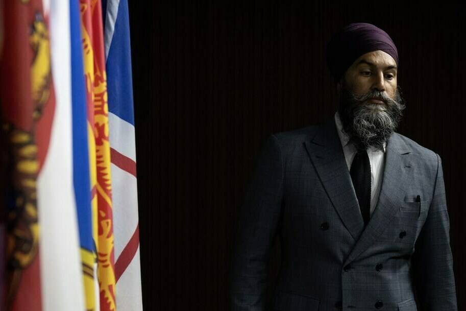 New Democratic Party leader Jagmeet Singh makes his way to the podium for a news conference on Parliament Hill, in Ottawa, Tuesday, Sept. 26, 2023. Singh faces a mandatory leadership review at a party convention this weekend. THE CANADIAN PRESS/Adrian Wyld