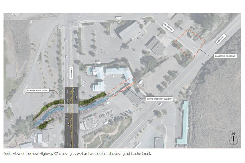 Aerial view of the proposed new Highway 97 crossing at the Dairy Queen (building at bottom centre), as well as two additional crossings of Cache Creek further upstream (at Quartz Road and at the Cache Creek Motor Inn). (Photo credit: Ministry of Transportation)