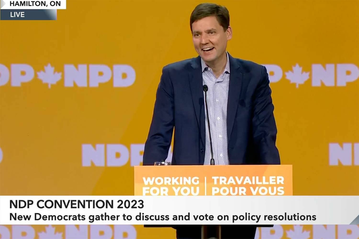 Premier David Eby spoke to federal New Democrats in Hamilton, Ont. Friday (Oct.13) in warning against US-style populism coming to Canada. (Screencap)