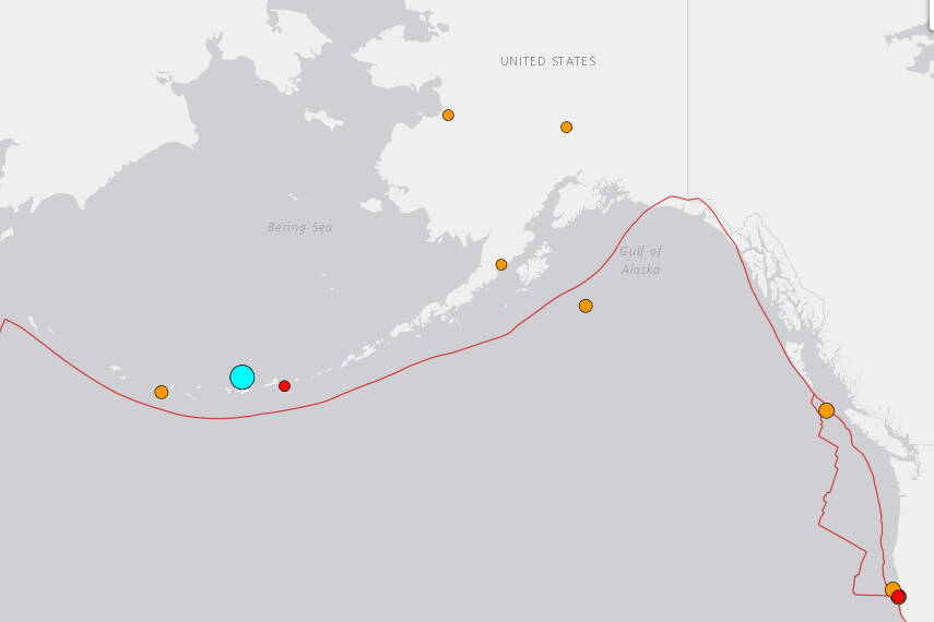 The teal dot marks a 6.7 earthquake off the Andreanof Islands (in the Aleutian Islands) Monday (Oct. 16) shortly after 4:30 a.m. local time. (USGS screenshot)