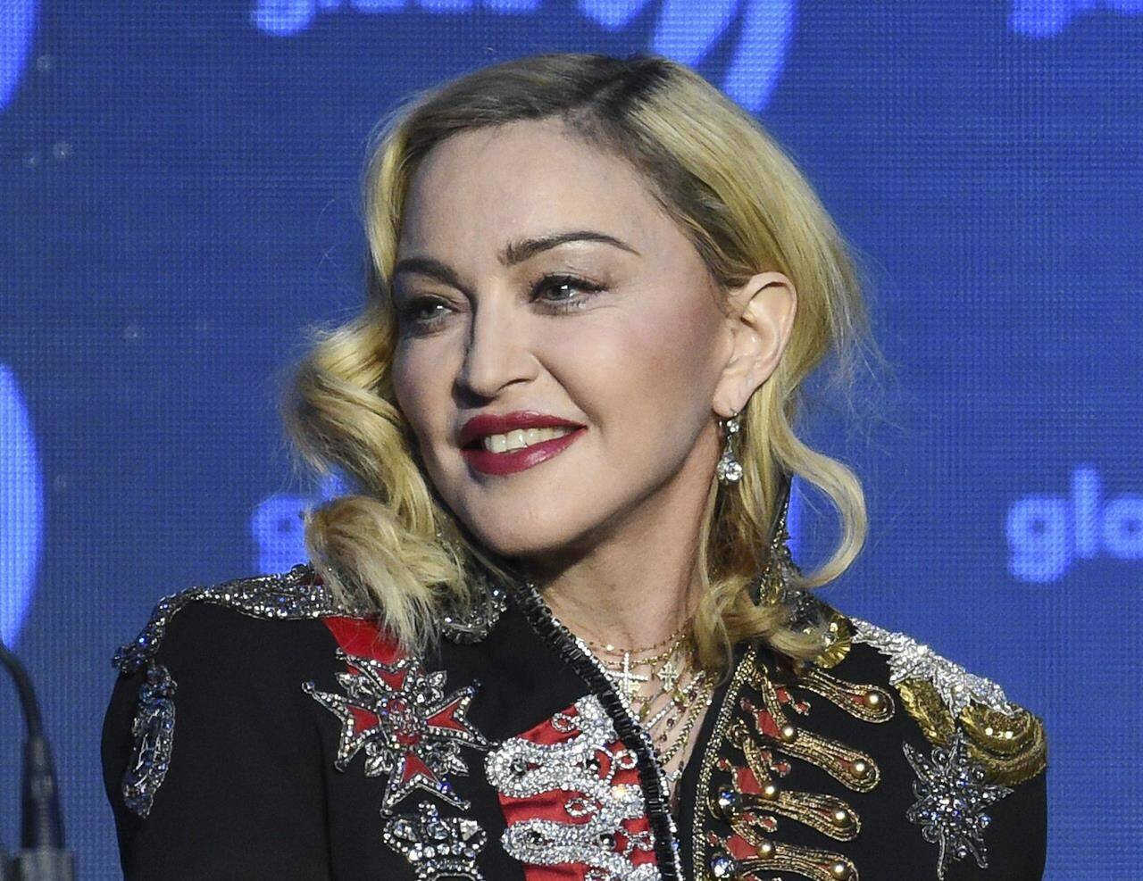 FILE - Madonna appears at the 30th annual GLAAD Media Awards in New York on May 4, 2019, in New York. Madonna kicked off her career-spanning Celebration Tour at London’s O2 Arena on Saturday night, Oct. 14, 2023, marking her first performance since suffering what her manager called a “serious bacterial infection” that led to hospitalization in an intensive care unit for several days back in June. (Photo by Evan Agostini/Invision/AP, File)