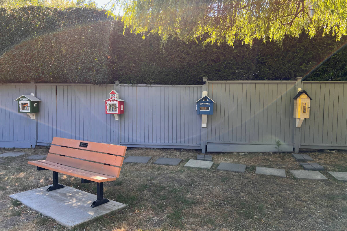 Some of Bruce More’s little libraries in Colwood Creek Park. (Evamarie Nikelski photo)