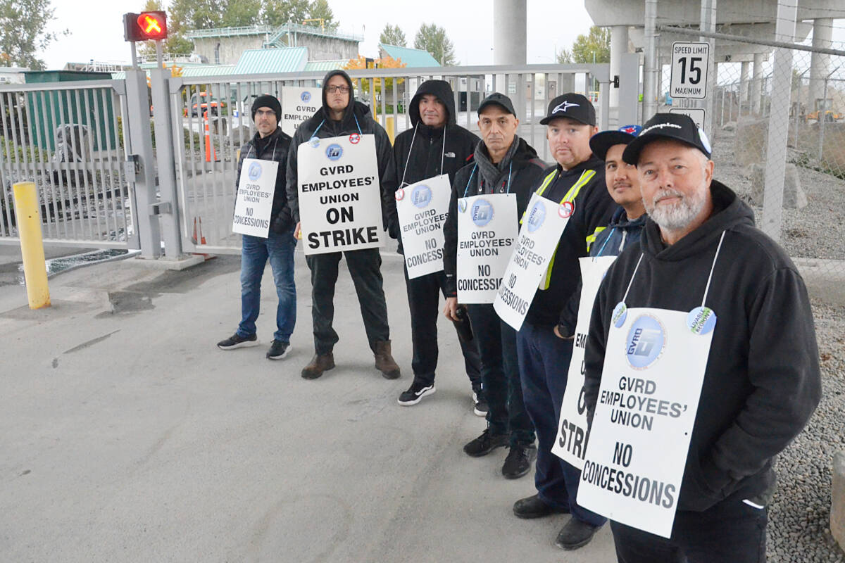 Members of the Greater Vancouver Regional District Employees Union are picketing at the Northwest Langley Wastewater Treatment plant as of Monday, Oct. 16. The union, which operates five plants across Metro Vancouver, has been without a contract for almost two years. (Matthew Claxton/Langley Advance Times)