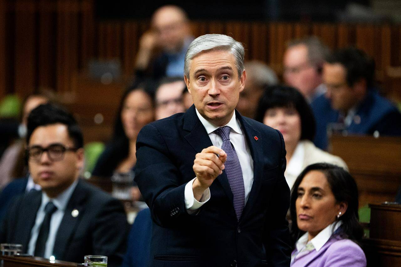 Minister of Innovation, Science and Industry François-Philippe Champagne rises during Question Period on Parliament Hill in Ottawa, on Thursday, Oct. 5, 2023. Champagne says he wishes Canadian grocers would be more forthcoming with the public on their plans to stabilize prices, as questions linger on what action will be taken by these grocery giants in the face of high food inflation.THE CANADIAN PRESS/Spencer Colby