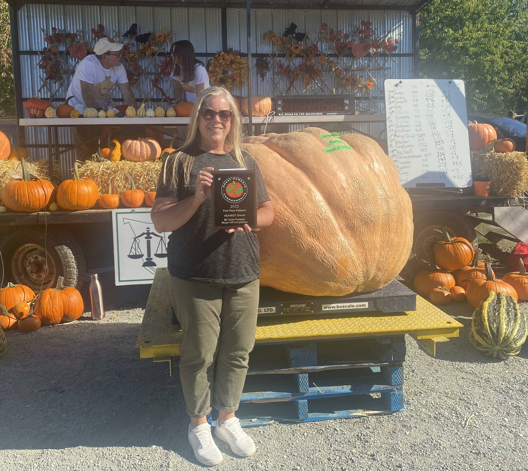 Kerri van Kooten-Perras’ giant pumpkin “Walter” won big at the Giant Pumpkins B.C. weigh-off, coming in at 1,152 lbs. Photo courtesy Kerri van Kooten-Perras