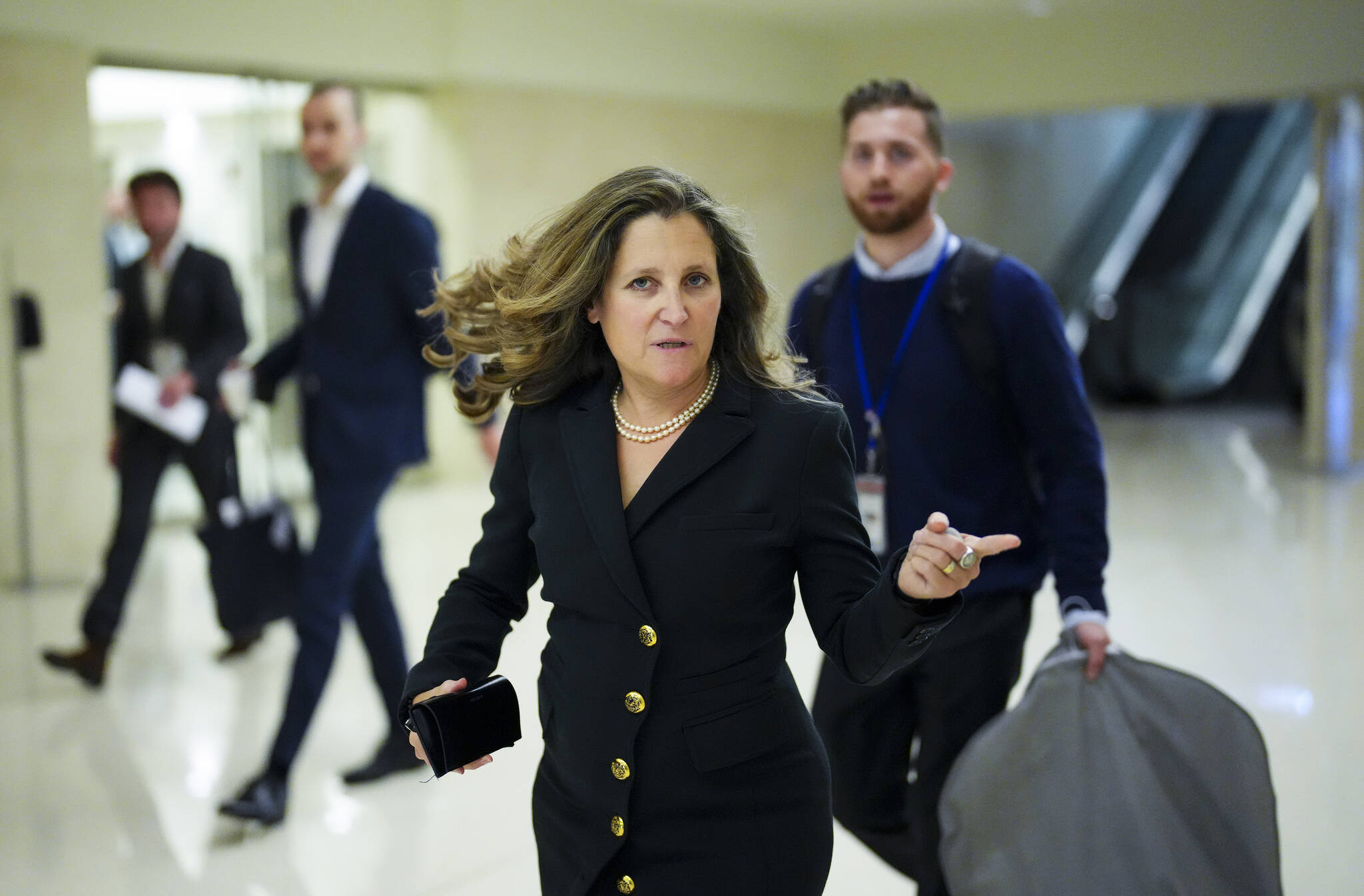 Deputy Prime Minister and Minister of Finance Chrystia Freeland arrives to hold a press conference in the National Press Theatre in Ottawa on Thursday, Oct. 5, 2023. THE CANADIAN PRESS/Sean Kilpatrick