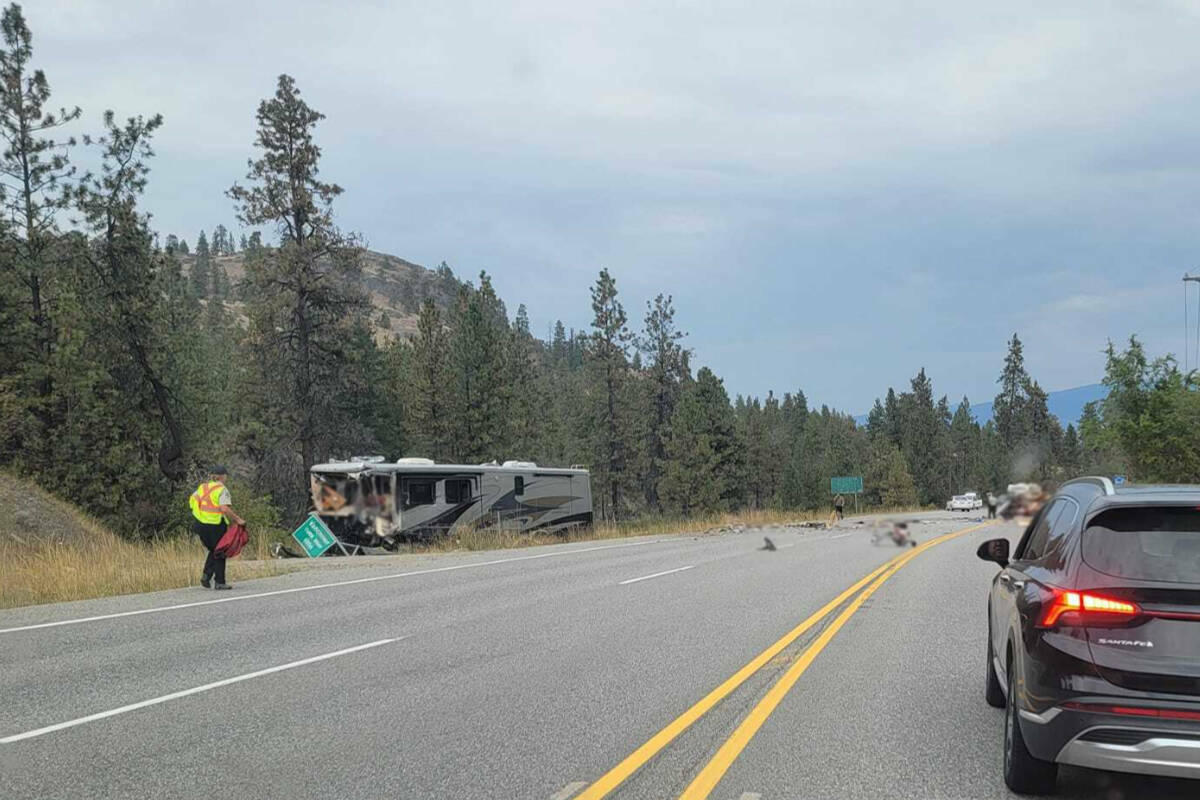 The scene of a fatal crash on Highway 97 in Kaleden in 2022. Joseph McArthur-Pereira, who caused the crash, was fined $1,500 for driving without due care or attention. (Facebook)