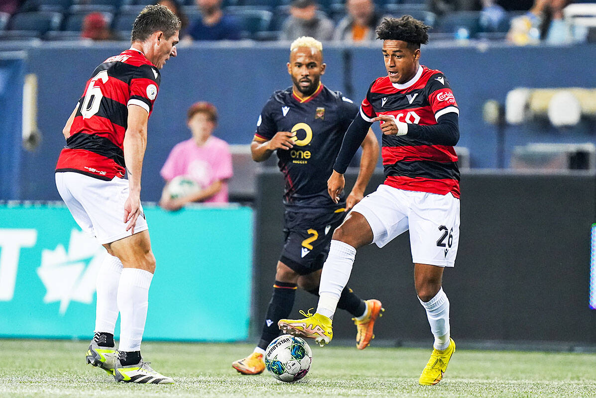 Taryck TJ Tahid (right) finished his first pro soccer season, and is now working toward playing for Team Canada at the U17 World Cup. (Canadian Premier League/Special to The News)