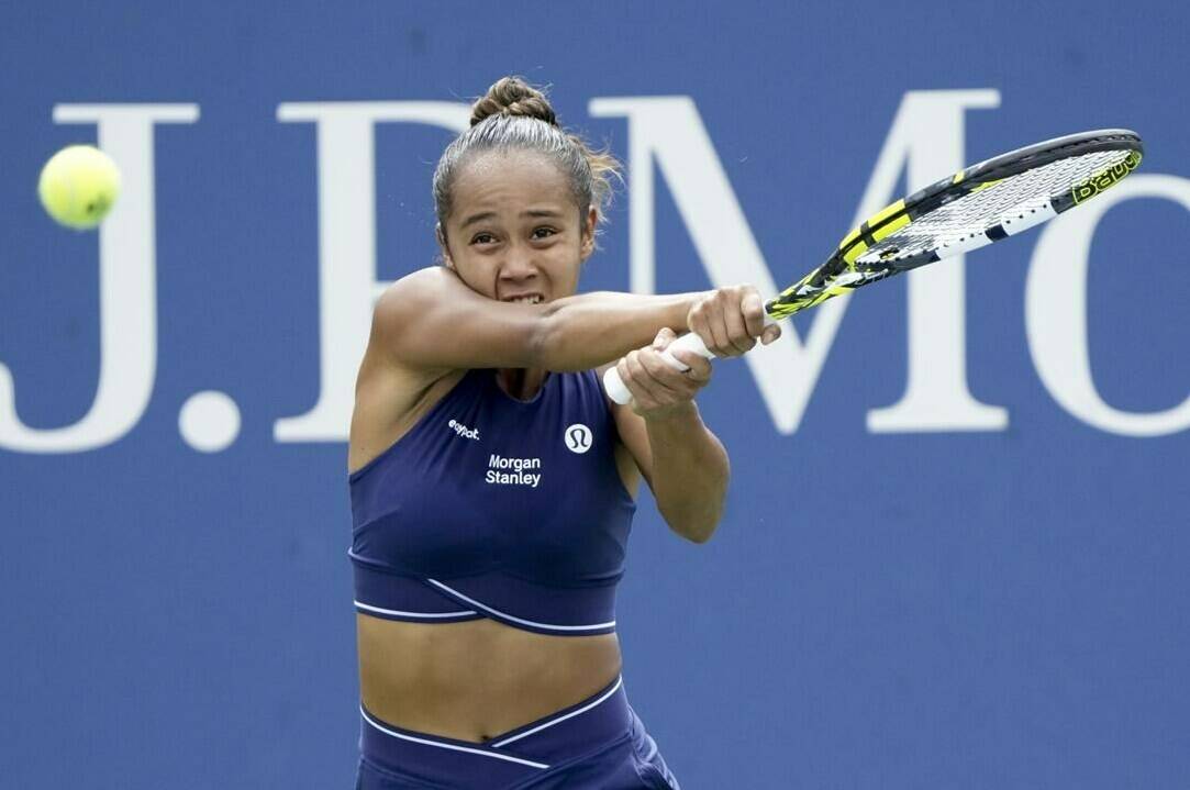 Leylah Fernandez, of Canada, during the first round of the U.S. Open tennis championships, Tuesday, Aug. 29, 2023, in New York. Fernandez’s eight-match win streak came to an end on Saturday as she fell 7-5, 6-4 to Katerina Siniakova in the semifinal of the Jiangxi Open. (AP Photo/Mary Altaffer)
