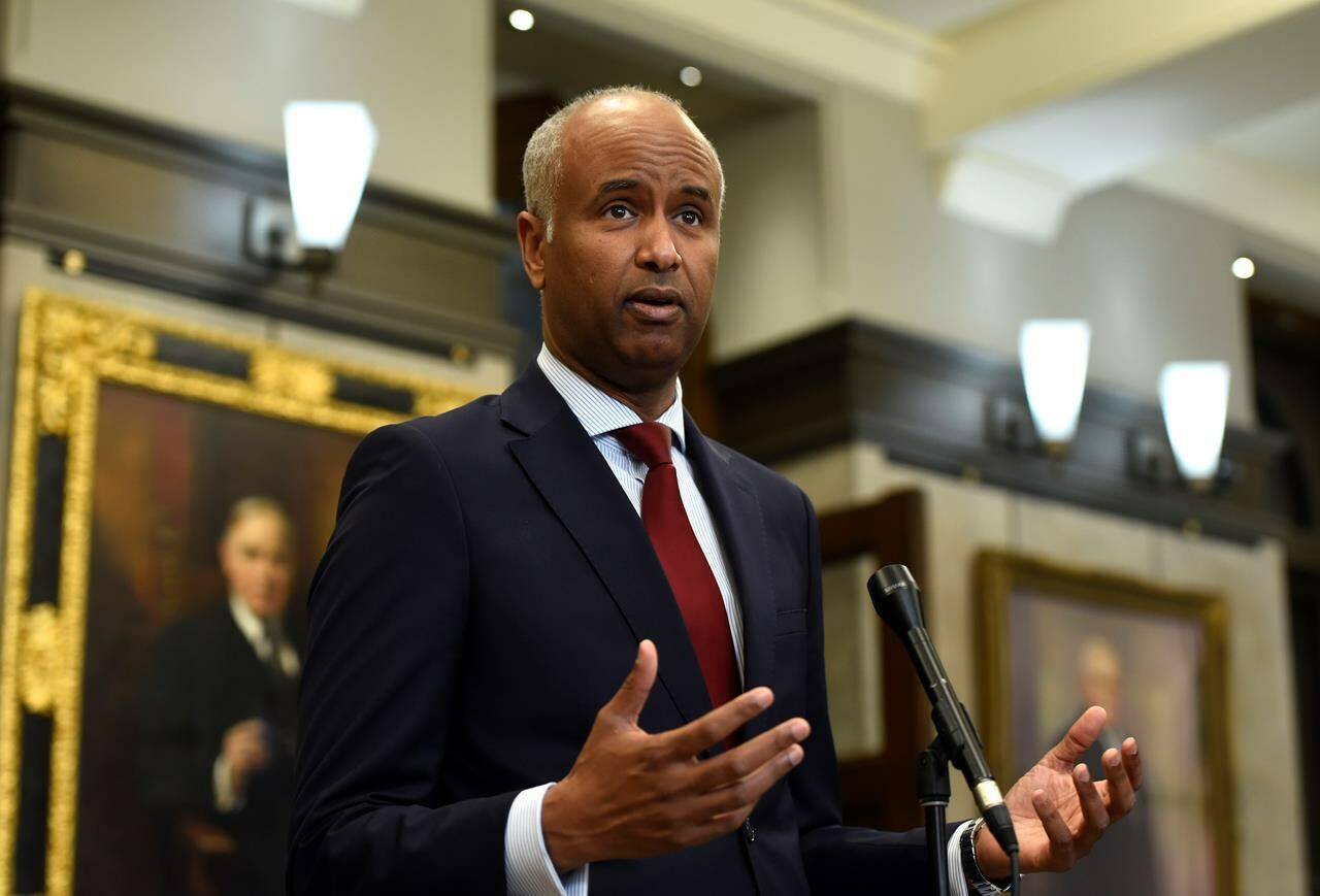 International Development Minister Ahmed Hussen issued a statement from Cairo, Egypt Oct. 21, 2023, saying the federal government will ensure none of the money goes to Hamas, the militant group that launched a series of terror attacks on Israel two weeks ago. Hussen speaks during a news conference in the foyer of the House of Commons in Ottawa on June 6, 2022. THE CANADIAN PRESS/Justin Tang
