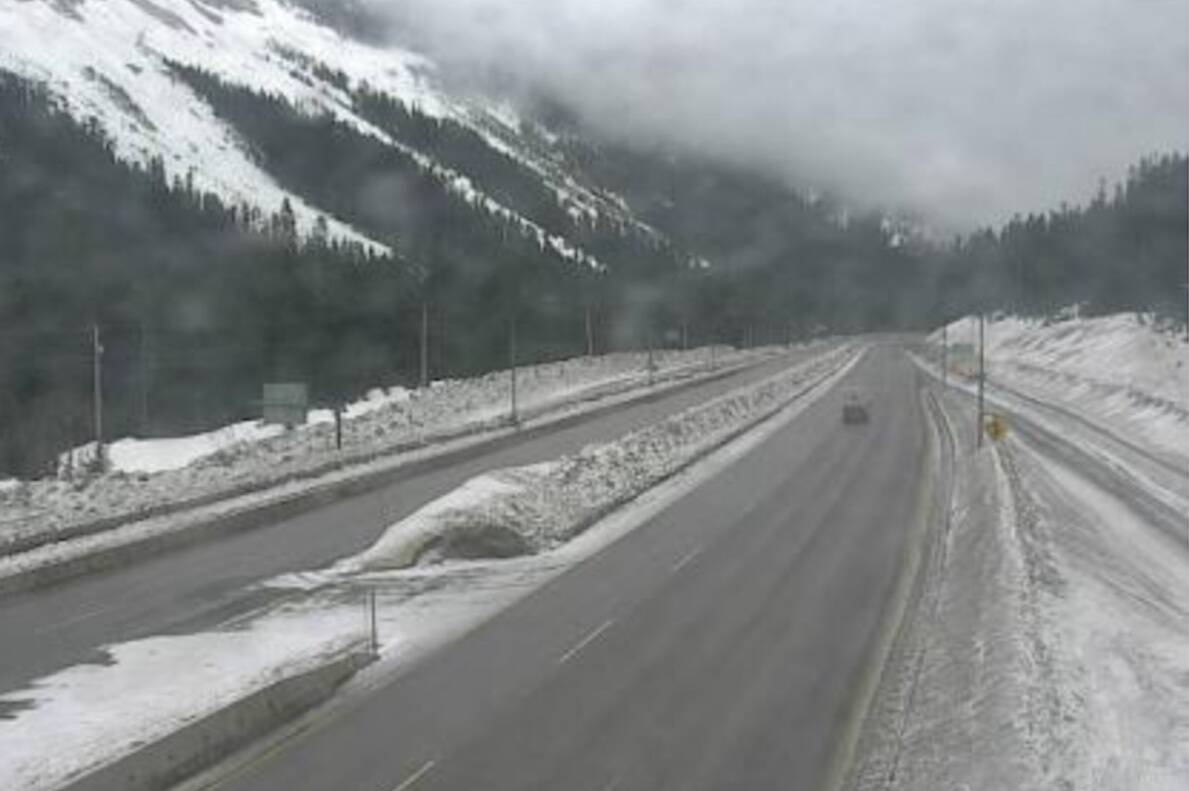Snow is seen on the Coquihalla Highway in this March 31, 2023 file photo from DriveBC. Environment Canada has issued a snowfall alert for the Okanagan Connector beginning on Monday afternoon (Oct. 23). (DriveBC)