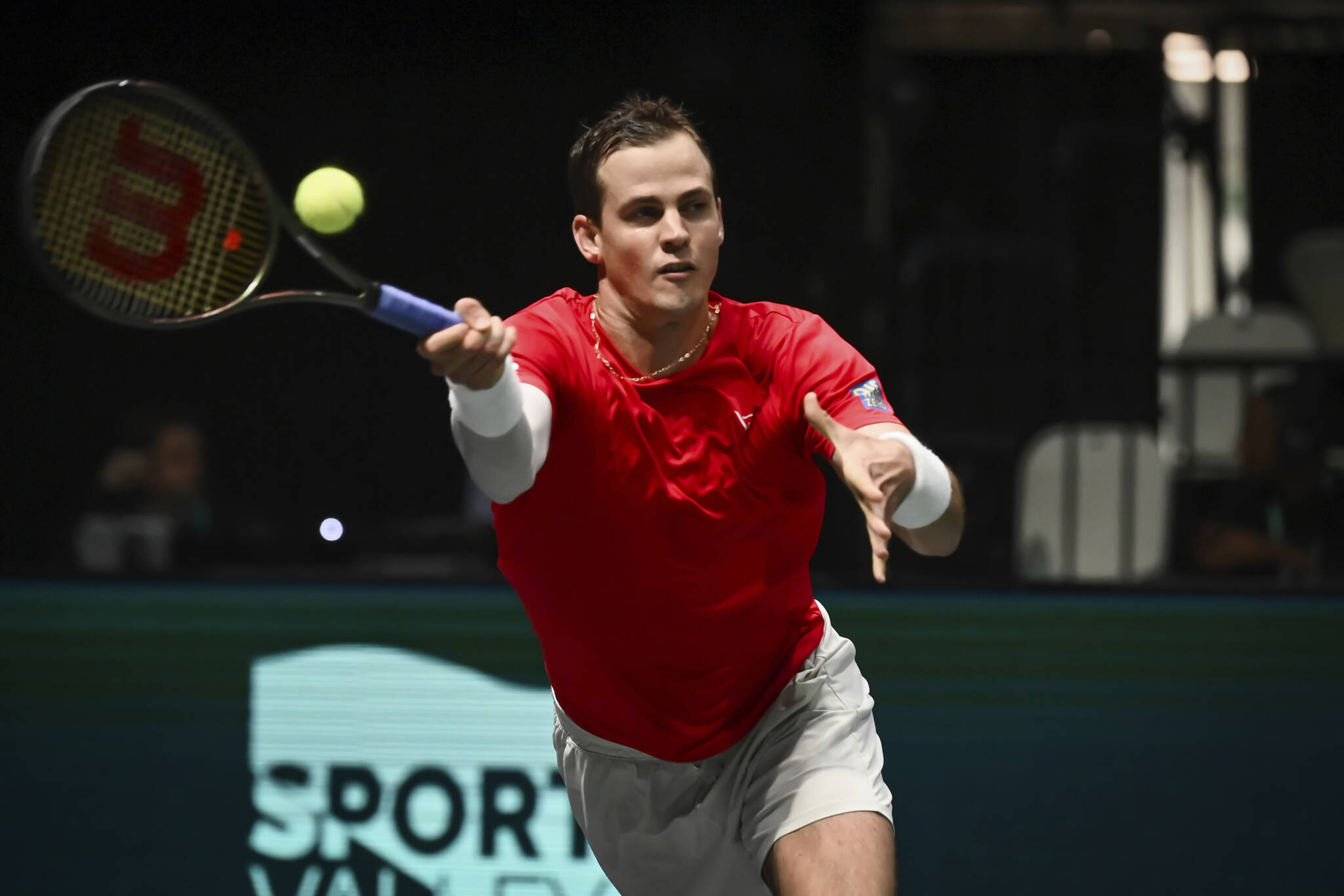 Canada’s Vasek Pospisil in action against Sweden’s Leo Borg during their Davis Cup group stage tennis match at the Unipol Arena, Bologna, Italy, Thursday, Sept. 14. 2023. (Massimo Paolone/LaPresse via AP)