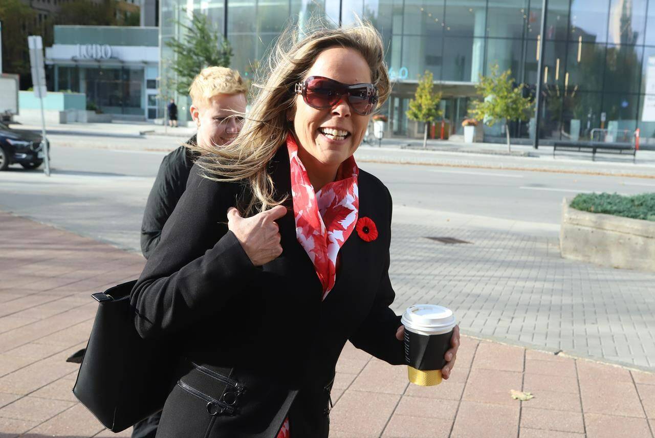Tamara Lich arrives at the courthouse in Ottawa, Monday, Oct. 16, 2023. The Crown has dropped a criminal charge against “Freedom Convoy” organizer Lich that alleged she violated her bail conditions last summer.THE CANADIAN PRESS/ Patrick Doyle