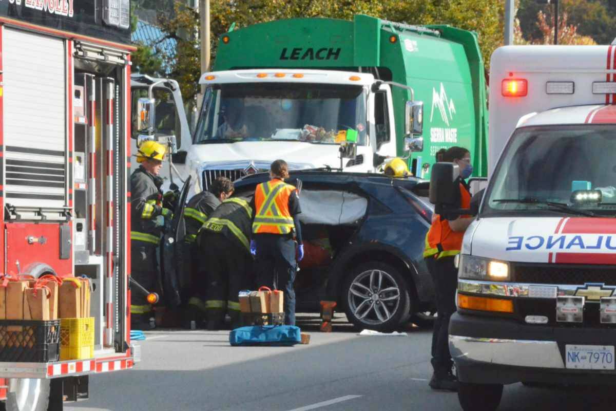 A small SUV was T-boned by a garbage truck at the intersection of 216th Street and Fraser Highway on Monday, Oct. 23 at about 1:30 p.m. (Matthew Claxton/Langley Advance Times)