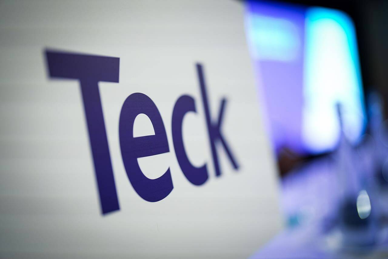 The Teck Resources logo is seen on a podium before the company’s special meeting of shareholders, in Vancouver, B.C., Wednesday, April 26, 2023. THE CANADIAN PRESS/Darryl Dyck
