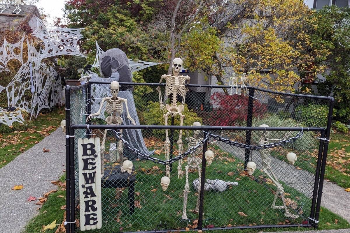 A fan of Halloween, Oak Bay resident and municipal councillor Hazel Braithwaite goes all out in terms of yard decor. She intentionally sought out a more wildlife-friendly cobweb option. (Courtesy Hazel Braithwaite)