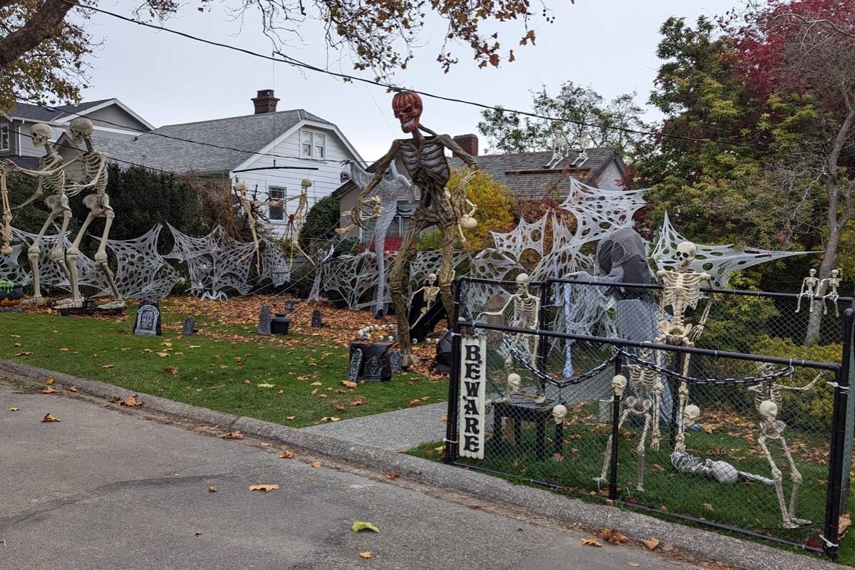 A fan of Halloween, Oak Bay resident and municipal councillor Hazel Braithwaite goes all out in terms of yard decor. She intentionally sought out a more wildlife-friendly cobweb option. (Courtesy Hazel Braithwaite)