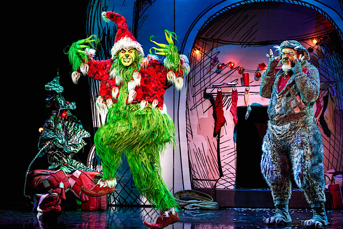 James Schultz as The Grinch and W. Scott Stewart as Old Max in the touring production of “Dr. Seuss’ How the Grinch Stole Christmas! The Musical.” (Contributed photo: Jeremy Daniel)
