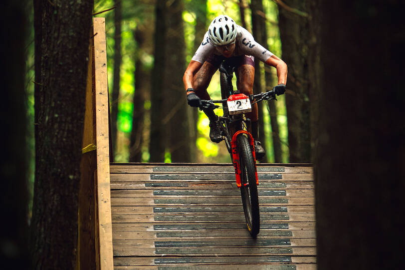 Jenn Jackson rides a ramp following her big win at the Canadian X-Country Mountain Biking National Championships on July 22 in Kentville, Nova Scotia. (Tim Foster/Dose Media Inc.)