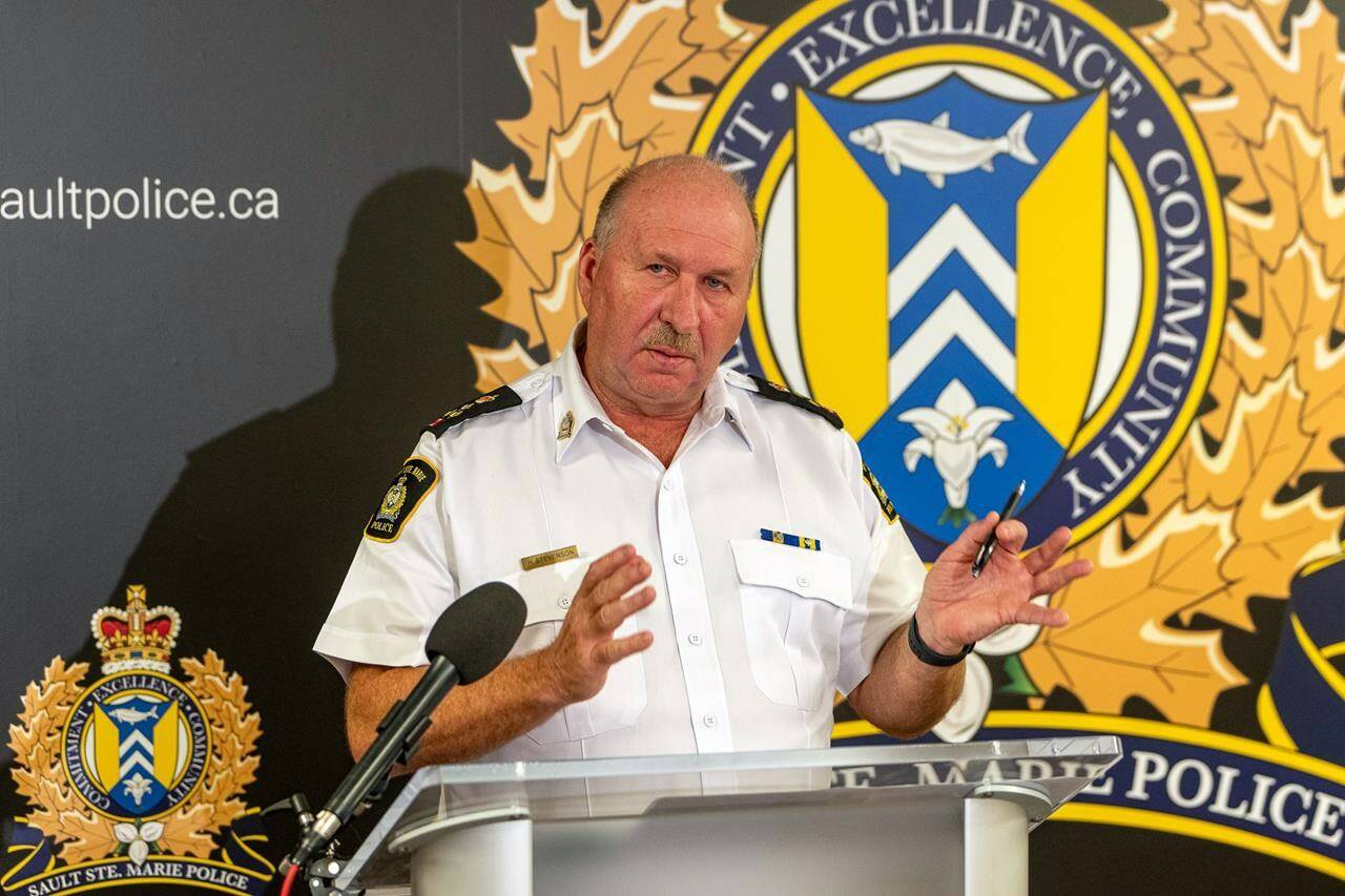Sault Ste. Marie Police Chief Hugh Stevenson provides an update during a media availability in Sault Ste. Marie, Ont., on Wednesday, October 25, 2023. THE CANADIAN PRESS/Bob Davies
