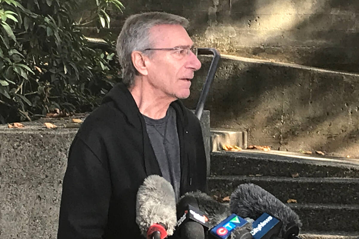 Darrel Crimeni, Carson’s grandfather, addressed reporters outside the courthouse after the sentencing on Thursday, Oct. 26. (Matthew Claxton/Langley Advance Times)