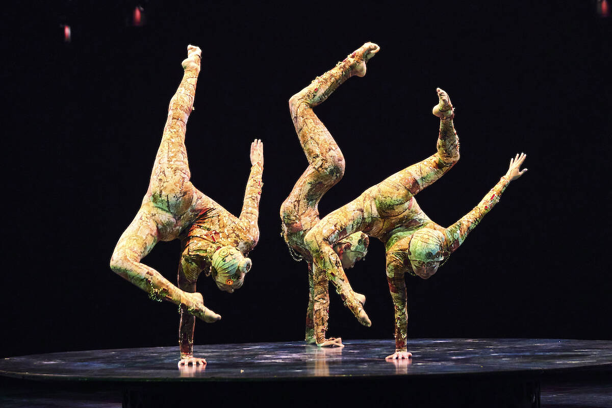 Three contortionists of “Kooza,” a Cirque du Soleil show at Vancouver’s Concord Pacific Place until year’s end. (Promo photo courtesy Cirque du Soleil)