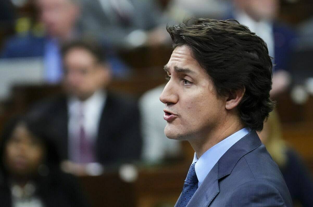 Prime Minister Justin Trudeau rises during question period in the House of Commons on Parliament Hill in Ottawa on Wednesday, Oct. 25, 2023. Trudeau has announced that the government will double the carbon price rebate for rural Canadians beginning in April 2024.THE CANADIAN PRESS/Sean Kilpatrick