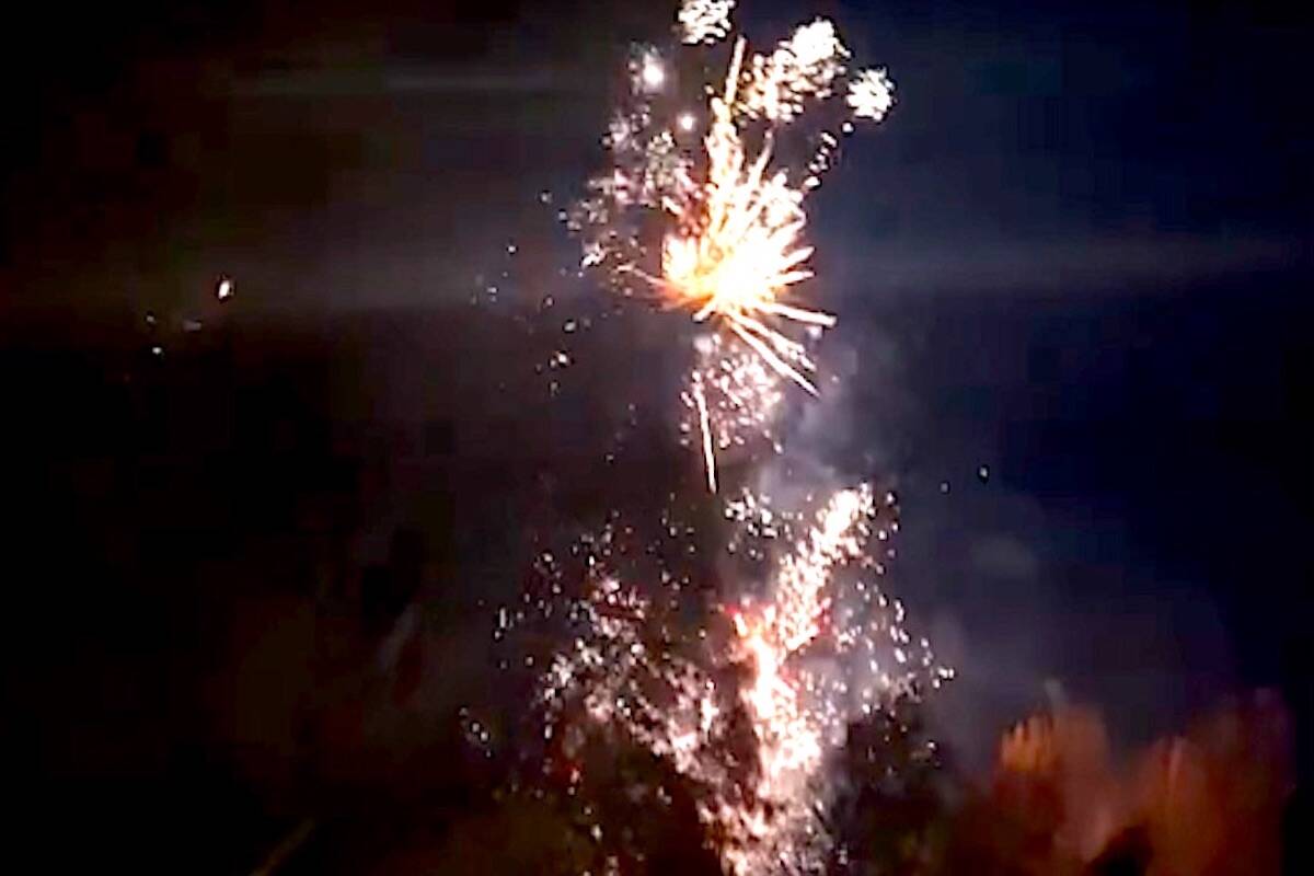 Fireworks seen from Highway 1 near Hope on Oct. 26, 2023. (Facebook/Kendra Bergen/screenshot)