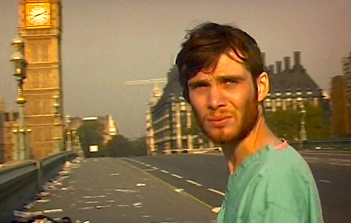 Bike courier Jim (Cillian Murphy) explores a deserted London in the 2002 zombie film “28 Days Later.”