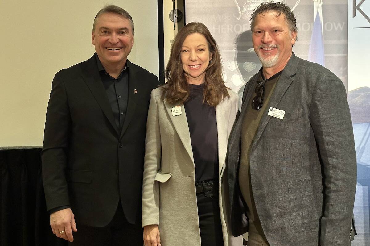 Kelowna Mayor Tom Dyas, Tourism Kelowna President and CEO Lisanne Ballantyne, and Kelowna Curling Club general manager Jock Tyre at the Delta Grand Hotel on Friday, Oct. 27 as part of the annoucement of the Brier coming to Prospera Place in 2025. (Jordy Cunningham/Capital News)