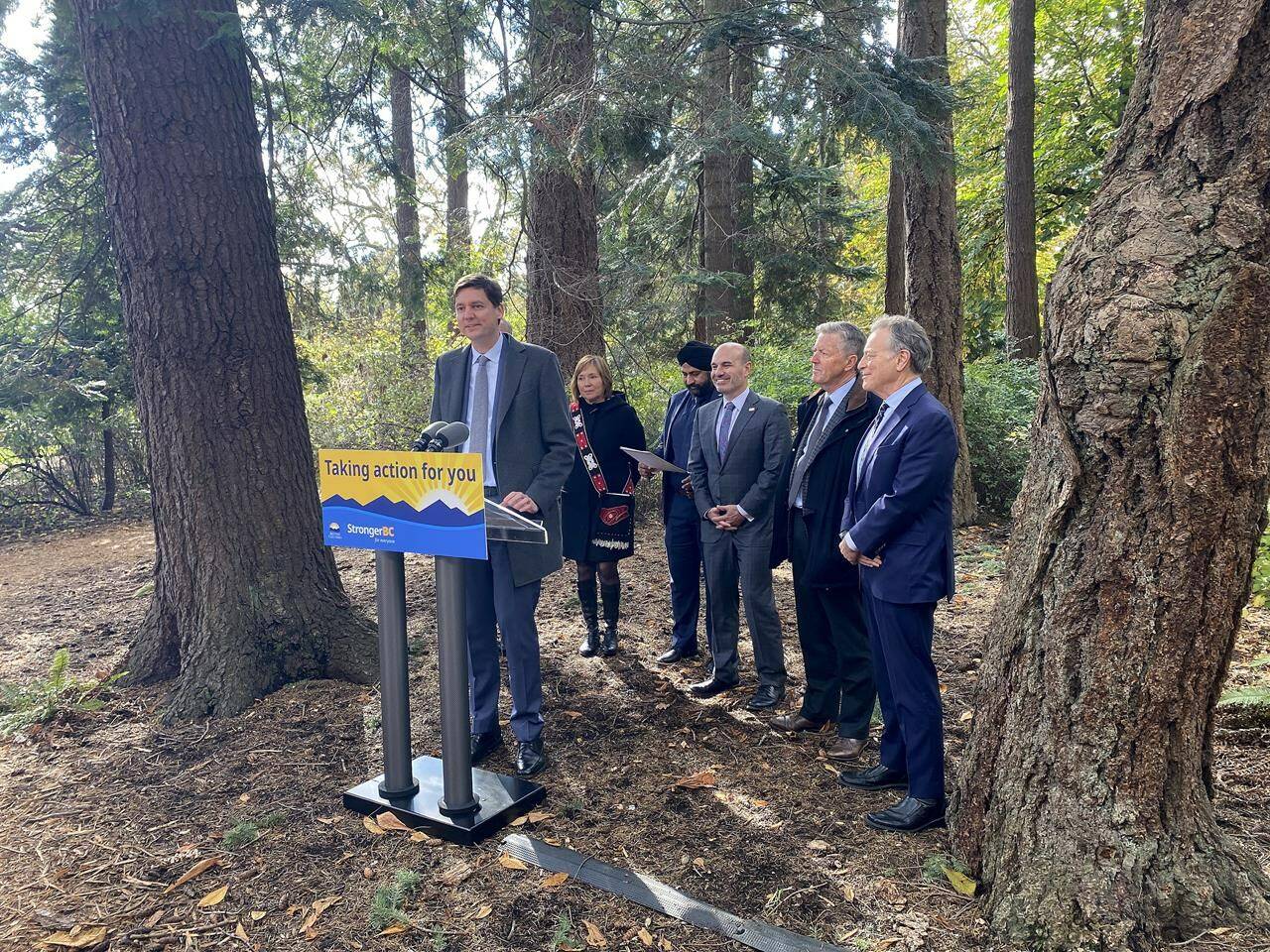 B.C. Premier David Eby, left to right, Cynthia Callison, BC Parks Foundation vice chair; NDP parliamentary secretary Aman Singh; Water, Land and Resource Stewardship Minister Nathan Cullen, Ross Beaty, BC Parks Foundation chair and Environment Minister George Heyman make an announcement at Beacon Hill Park, in Victoria, Thursday, Oct. 26, 2023. THE CANADIAN PRESS/Dirk Meissner